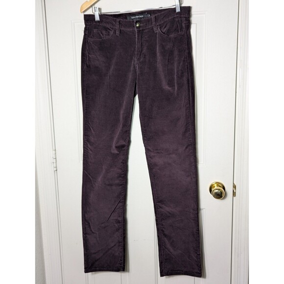 Calvin Klein Corduroy Pants Women 8 Purple Plum Straight Leg Pockets Y2K Logo - Picture 1 of 11